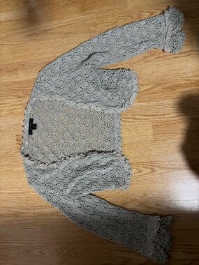 Silver Sparkly Open Crochet Cardigan with Scalloped Trim